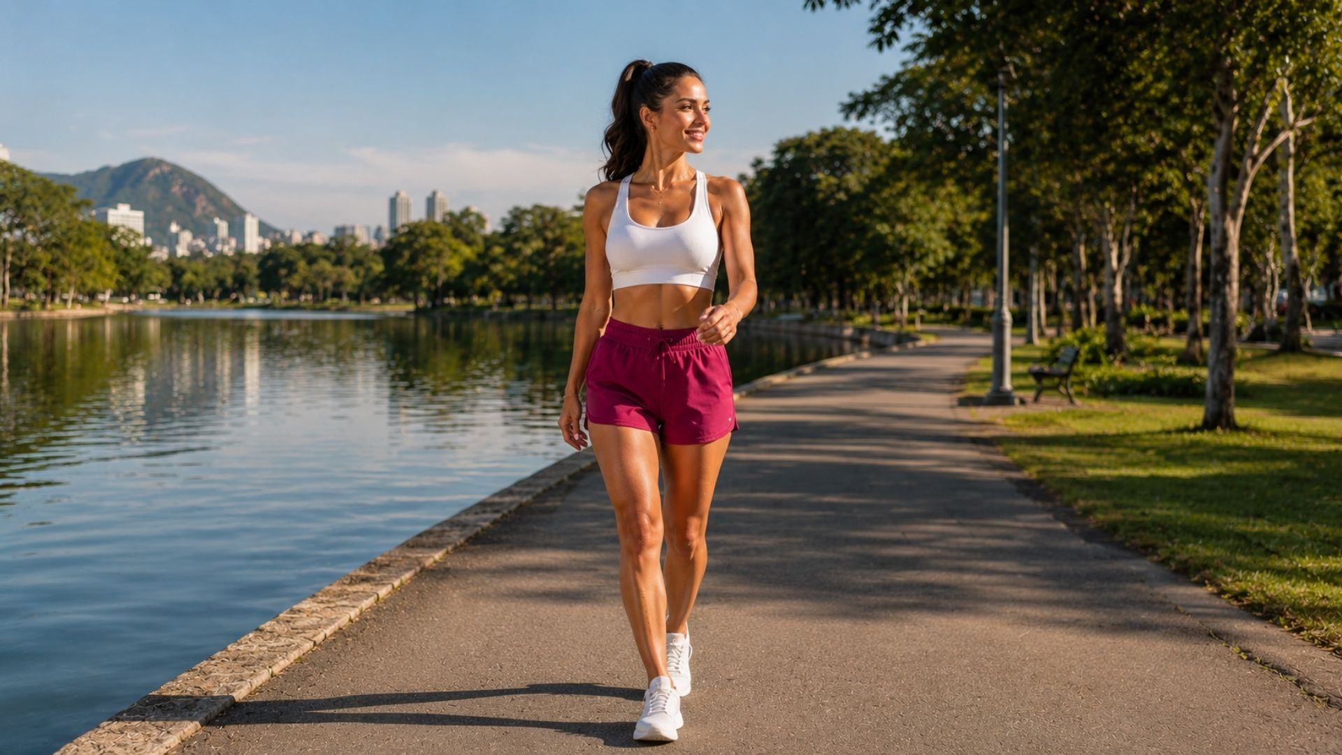 Woman walking along a lakeside path in shorts, showing smooth legs