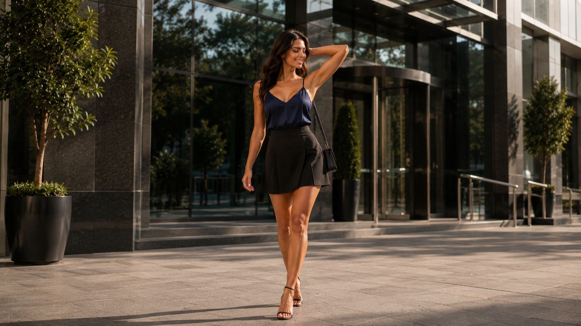 Woman outdoors in a black dress with one arm raised, showing smooth underarms