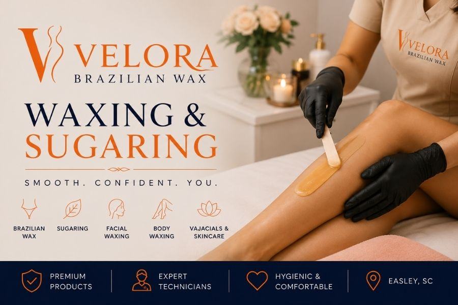 Banner de Velora Brazilian Wax: una especialista con guantes aplicando cera en la pierna de una clienta, junto a la lista de servicios de depilación y sugaring